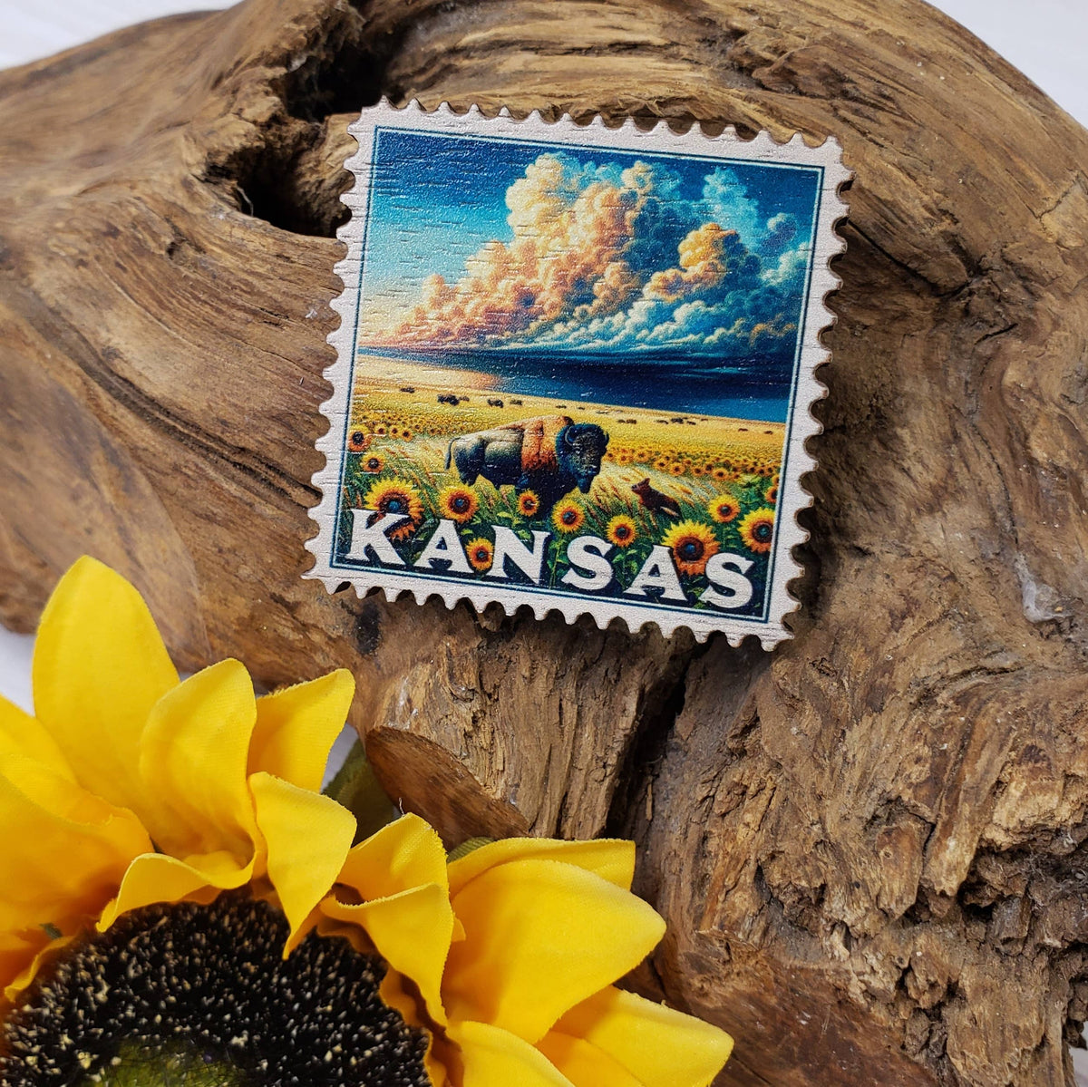 Kansas Vintage Stamp Wood Magnet