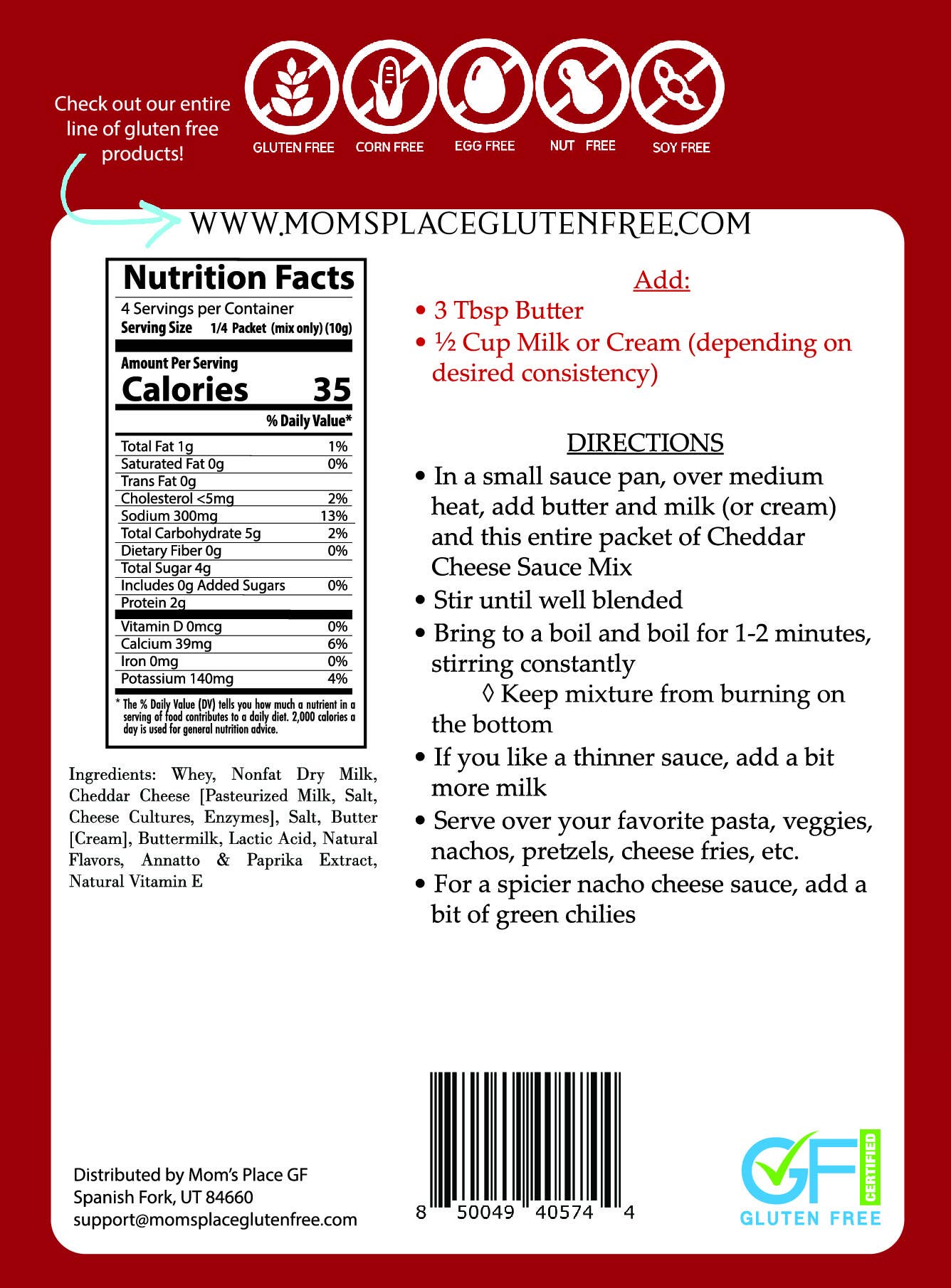 Gluten-Free Cheddar Cheese Sauce Mix