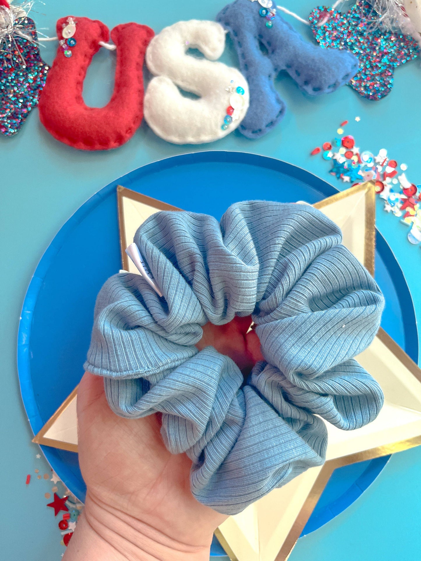 Blue Denim Ribbed Knit Regular Scrunchy