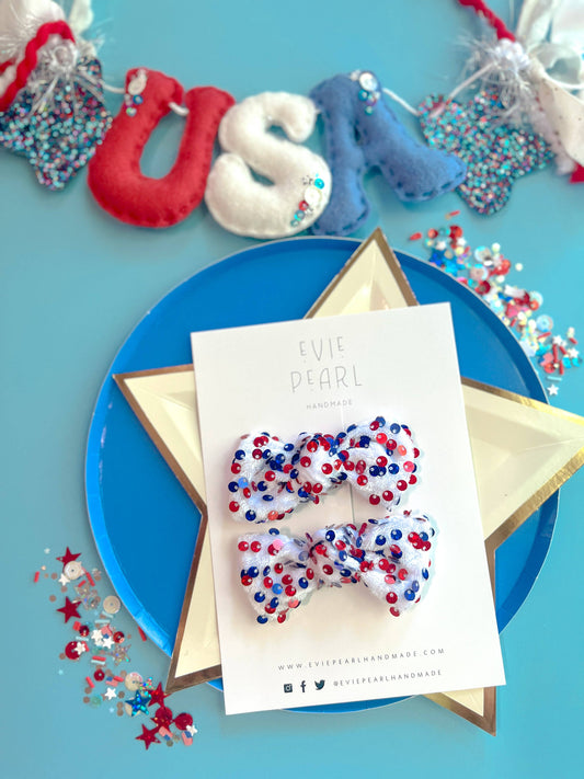 White Velvet| Red & Blue Sequins Knot Bow Pigtails