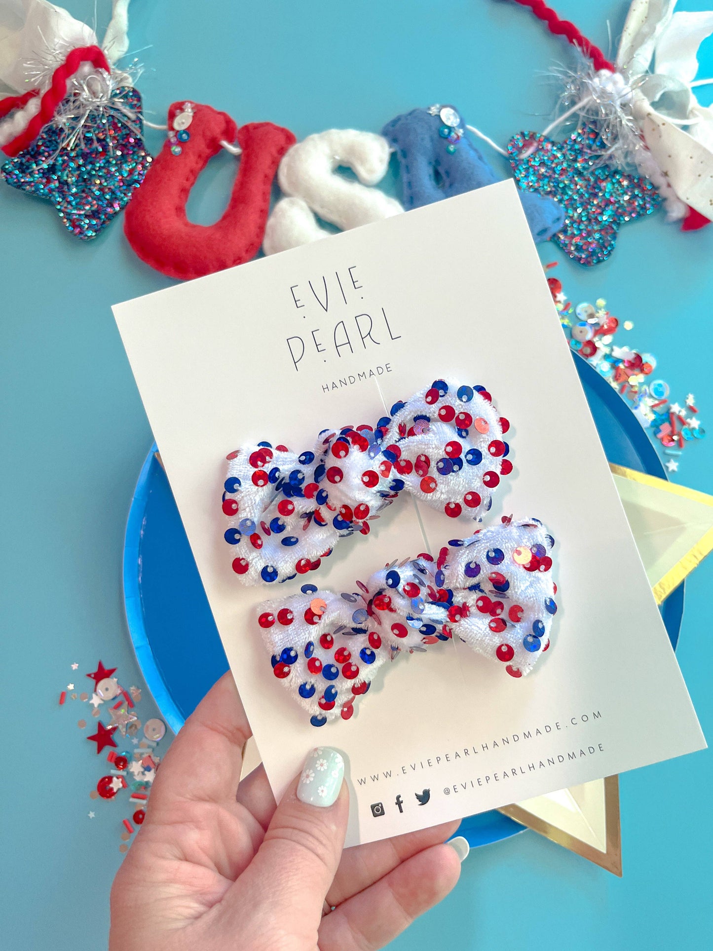 White Velvet| Red & Blue Sequins Knot Bow Pigtails