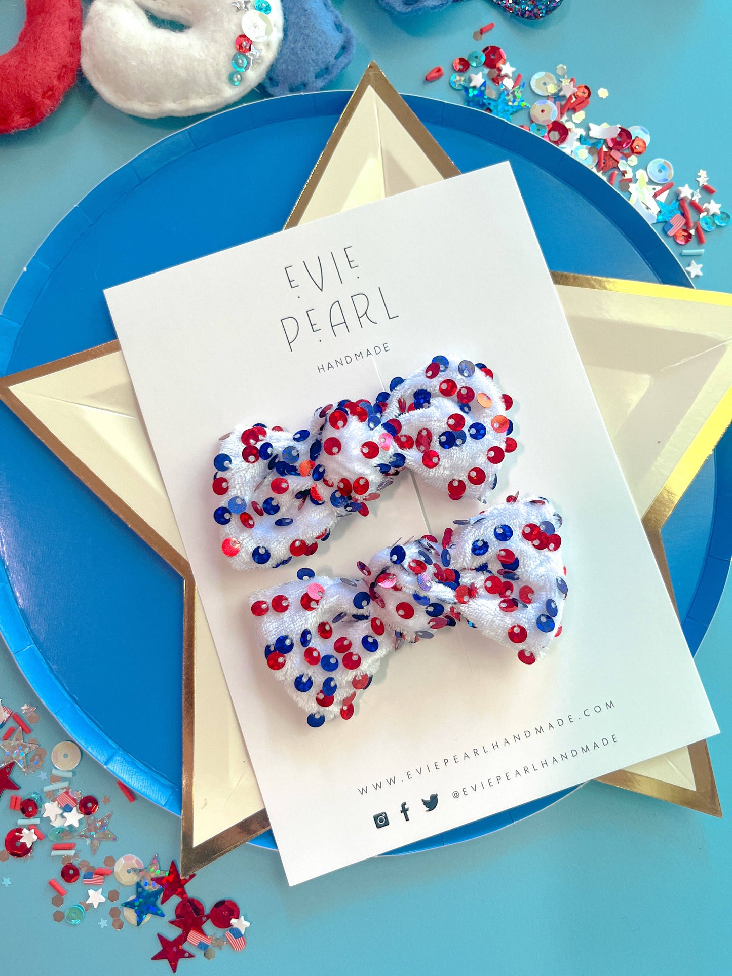 White Velvet| Red & Blue Sequins Knot Bow Pigtails